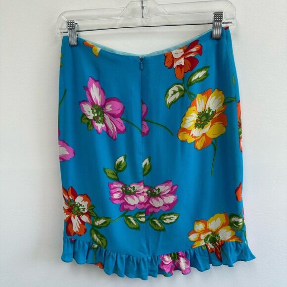 Ralph Lauren Y2K Vintage Blue Silk Floral Ruffle Hem Pencil Mini Skirt Size 2 - Picture 8 of 8